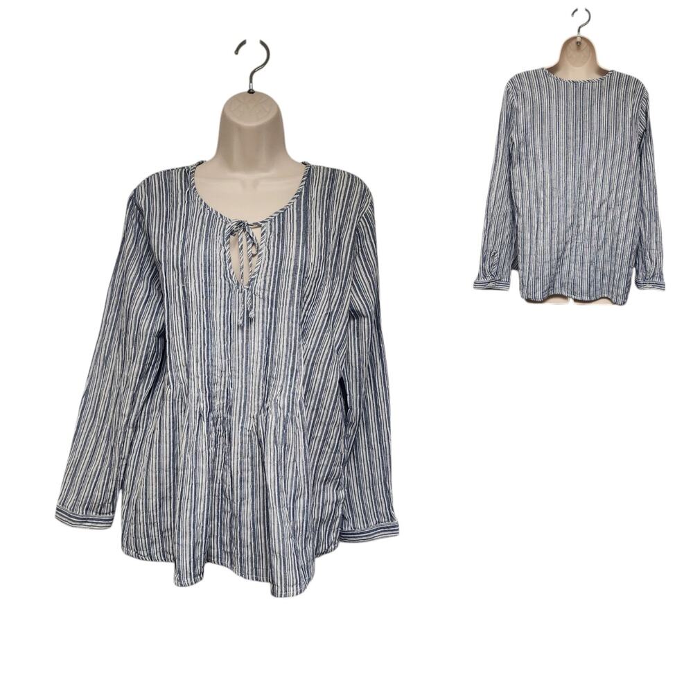 A.n.a. Chambray Blue/White Long Sleeve Striped Nautical Boho V-Neck Size Large